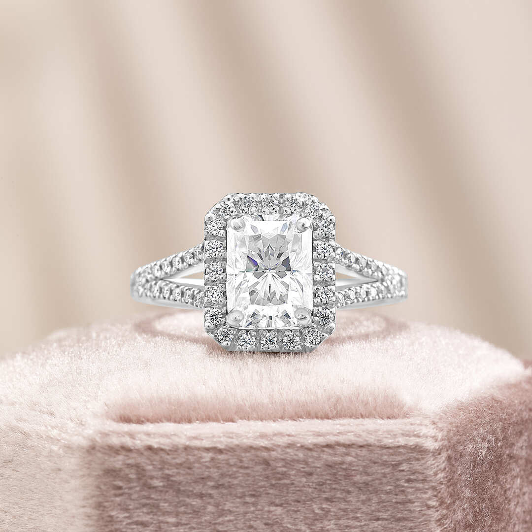 Anna 1.83 ct Lab Grown Emerald Cut Halo Split Shank Diamond Engagement Ring