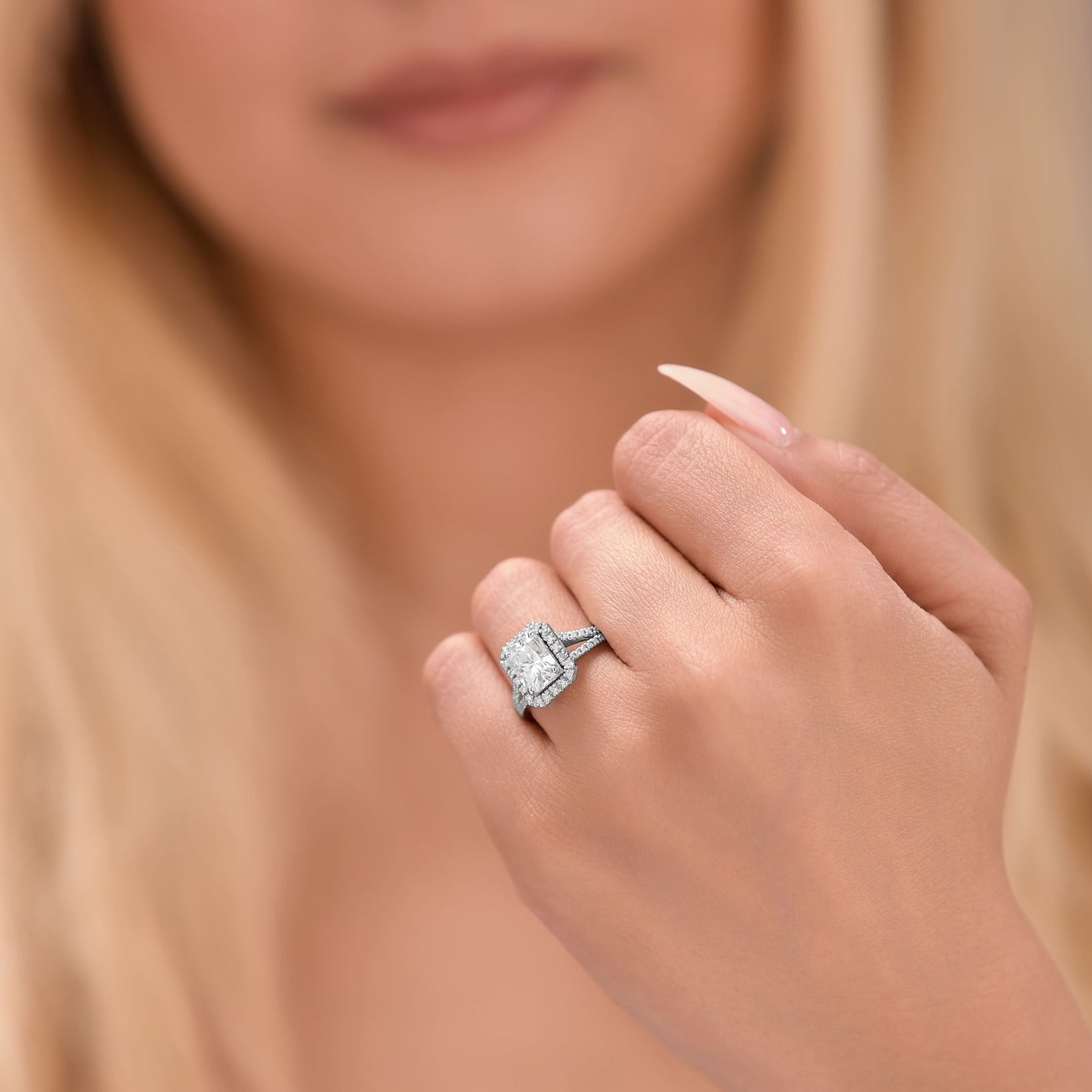 Anna 3.33 ct Lab Grown Emerald Cut Halo Split Shank Diamond Engagement Ring