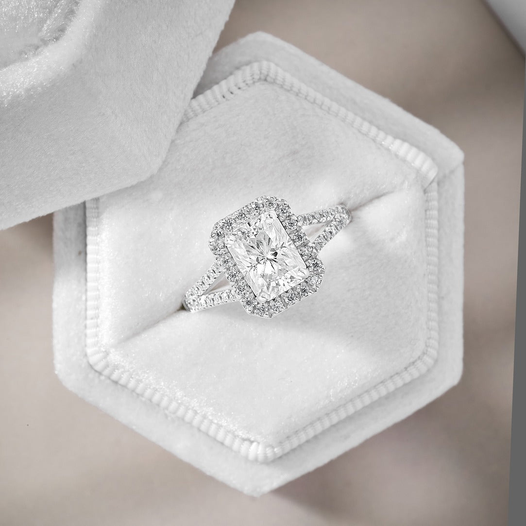 Anna 1.83 ct Lab Grown Emerald Cut Halo Split Shank Diamond Engagement Ring