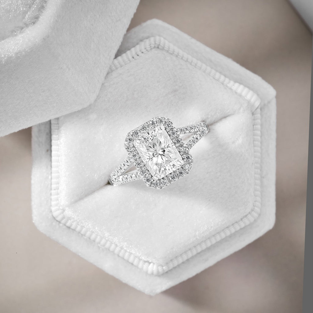 Anna 2.83 ct Lab Grown Emerald Cut Halo Split Shank Diamond Engagement Ring