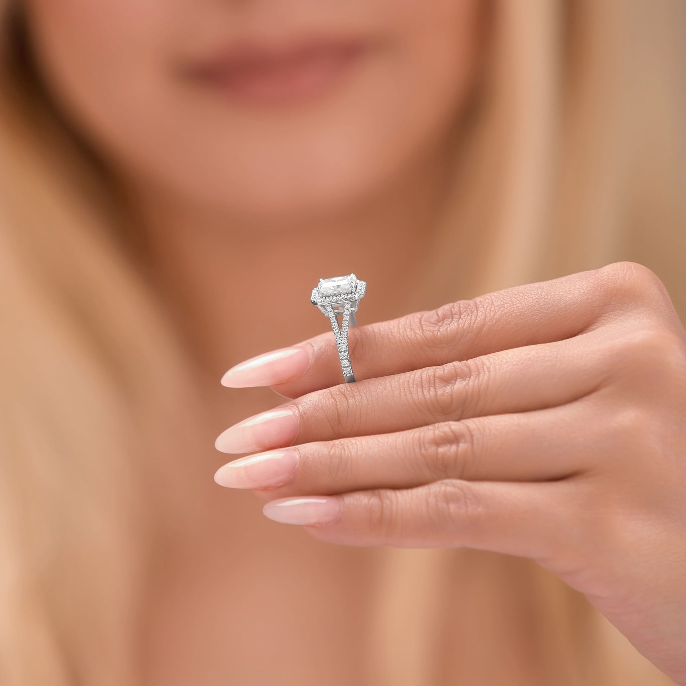 Anna 3.33 ct Lab Grown Emerald Cut Halo Split Shank Diamond Engagement Ring