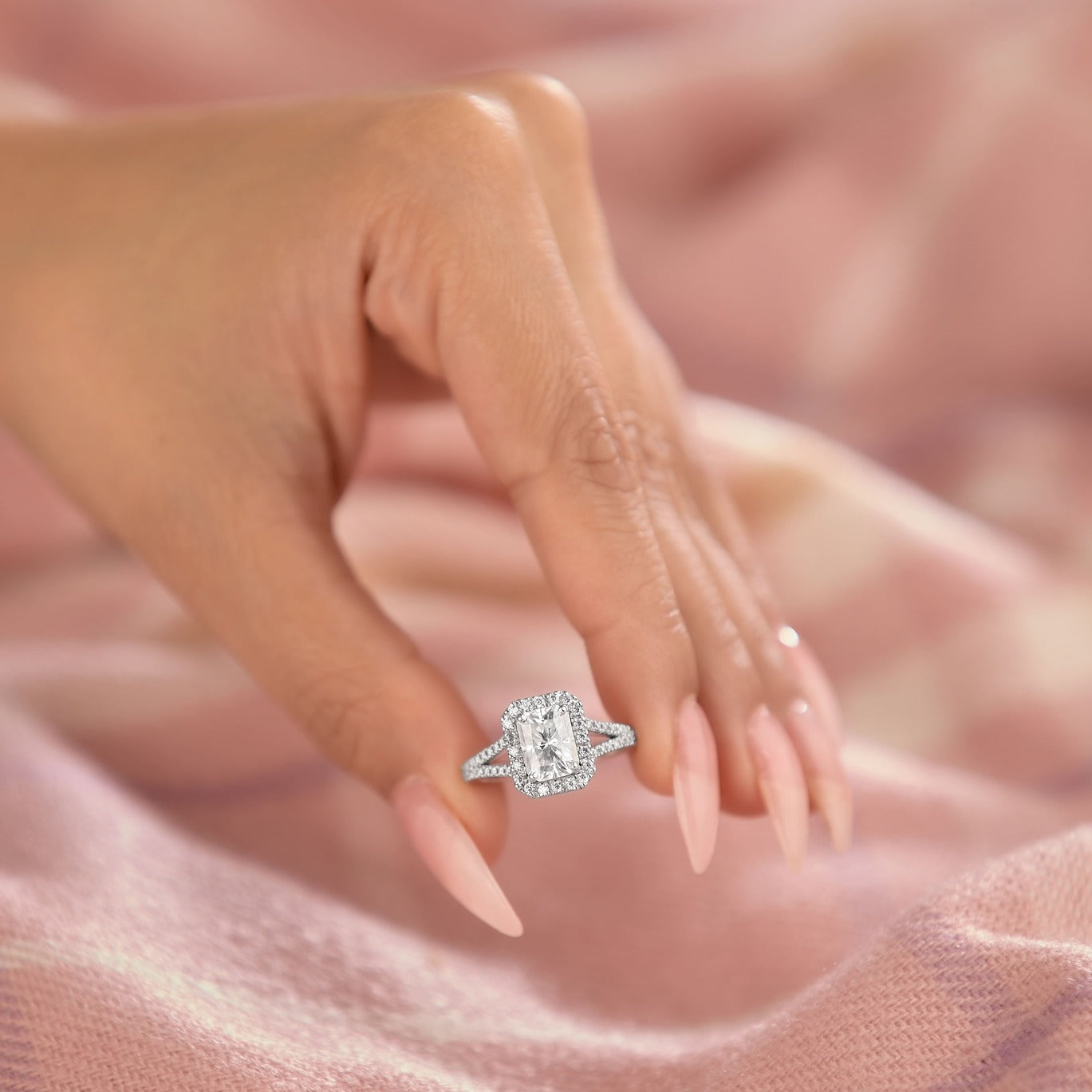 Anna 1.83 ct Lab Grown Emerald Cut Halo Split Shank Diamond Engagement Ring