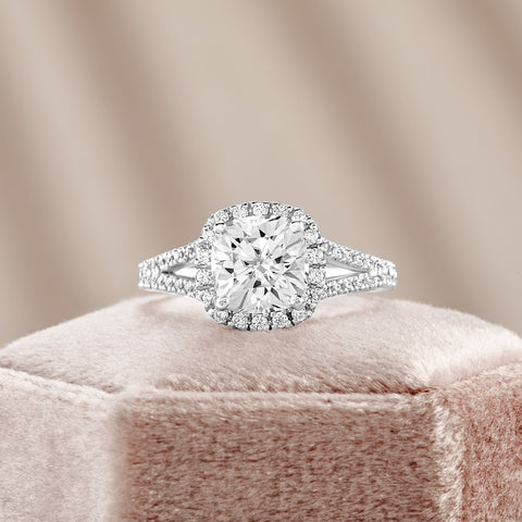 Eleanor 1.39 ct Lab Grown Cushion Cut Halo Split Shank Diamond Engagement Ring