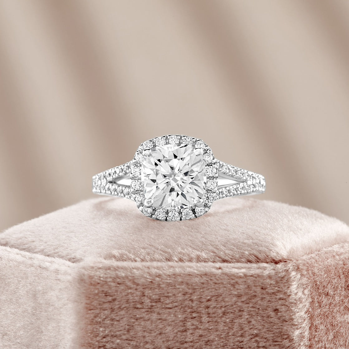 Eleanor 1.39 ct Lab Grown Cushion Cut Halo Split Shank Diamond Engagement Ring