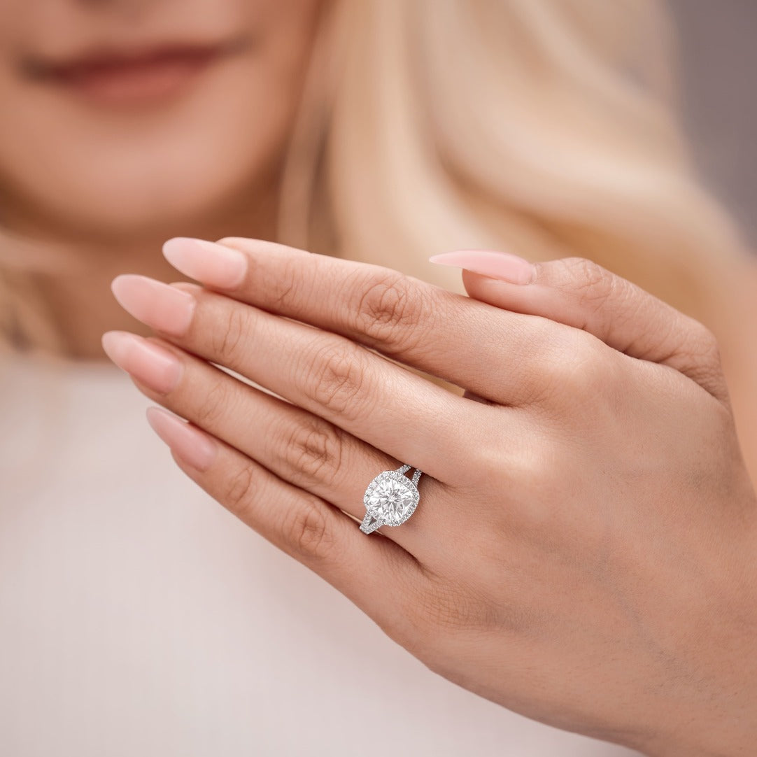 Eleanor 2.39 ct Lab Grown Cushion Cut Halo Split Shank Diamond Engagement Ring