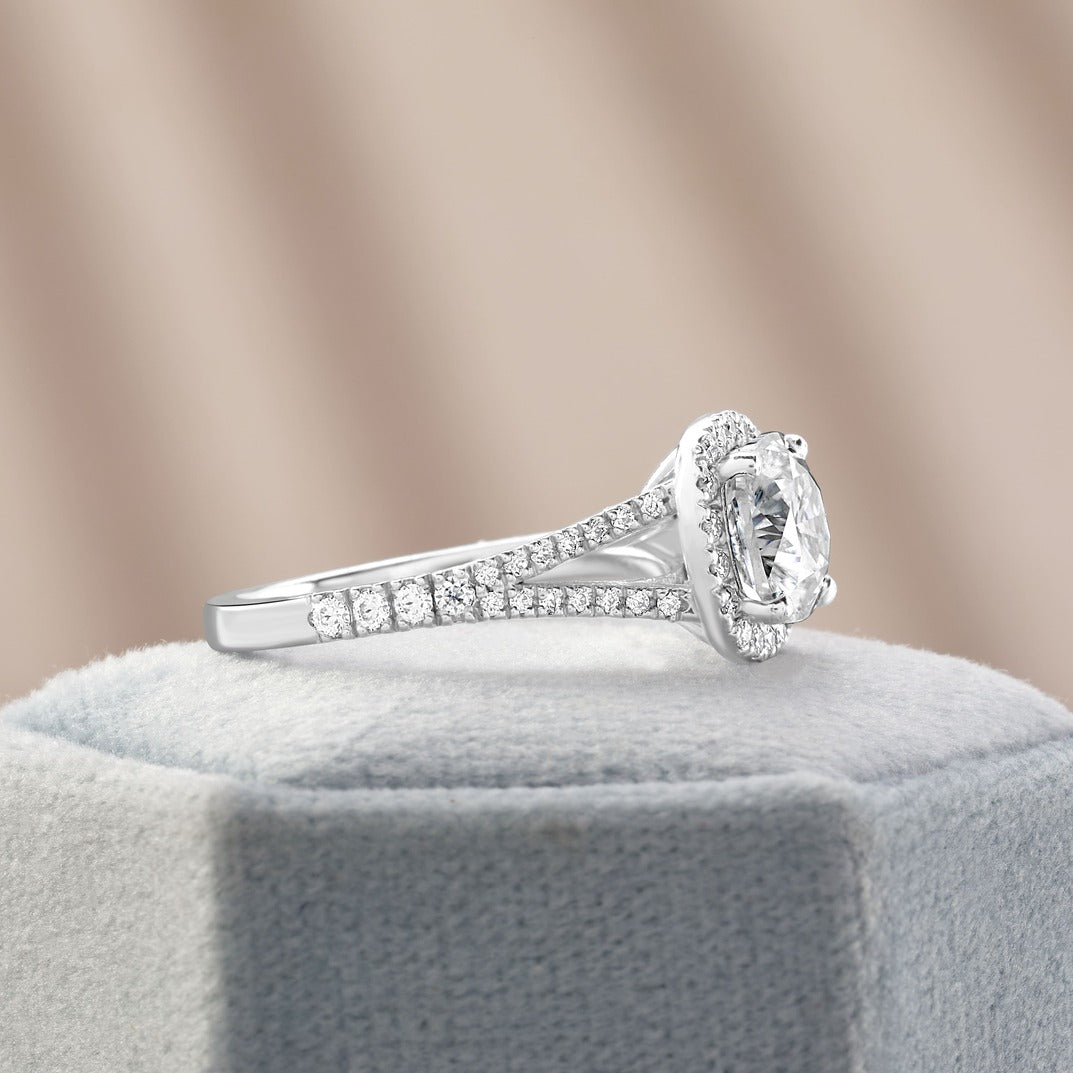 Eleanor 1.89 ct Lab Grown Cushion Cut Halo Split Shank Diamond Engagement Ring