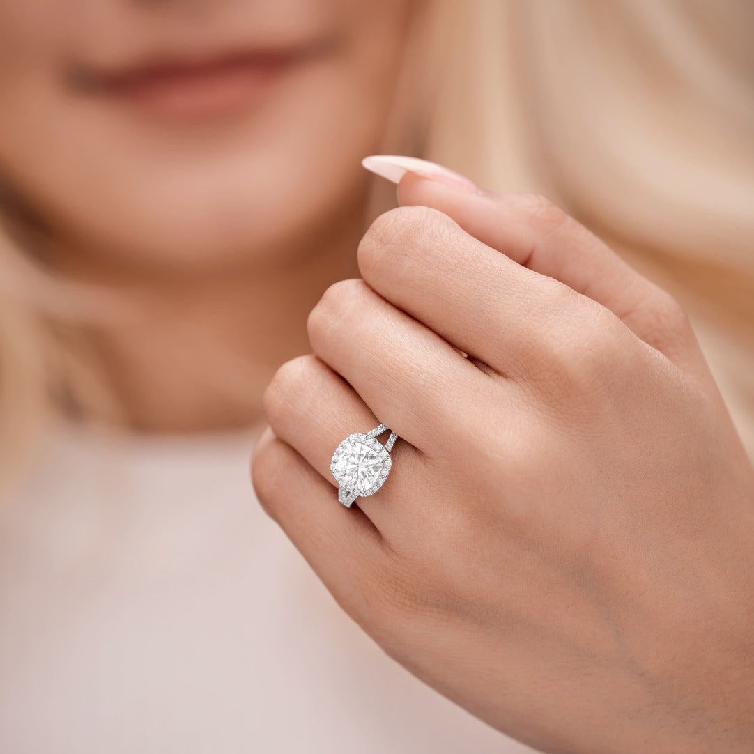 Eleanor 2.39 ct Lab Grown Cushion Cut Halo Split Shank Diamond Engagement Ring