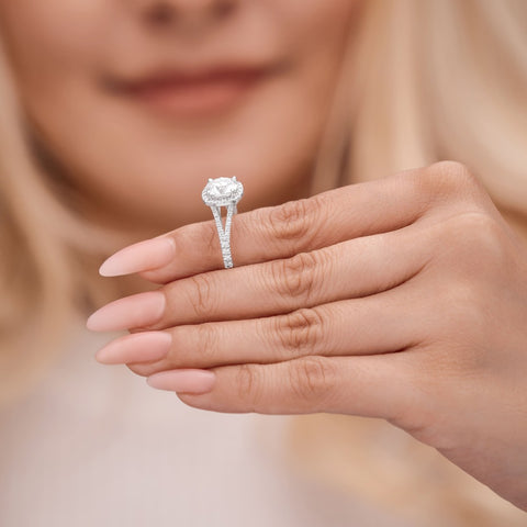 Eleanor 2.39 ct Lab Grown Cushion Cut Halo Split Shank Diamond Engagement Ring