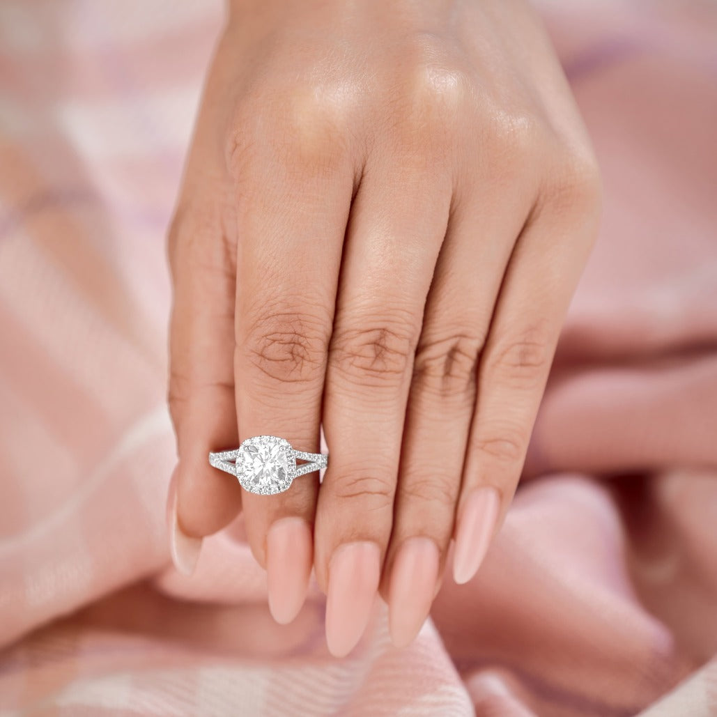 Eleanor 1.89 ct Lab Grown Cushion Cut Halo Split Shank Diamond Engagement Ring
