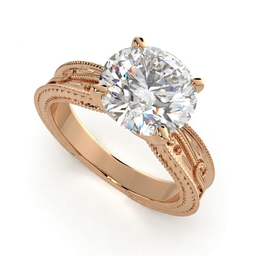 Sabrina 4 Carat Round Cut Solitaire Hand Engraved Milgrain Engagement Ring