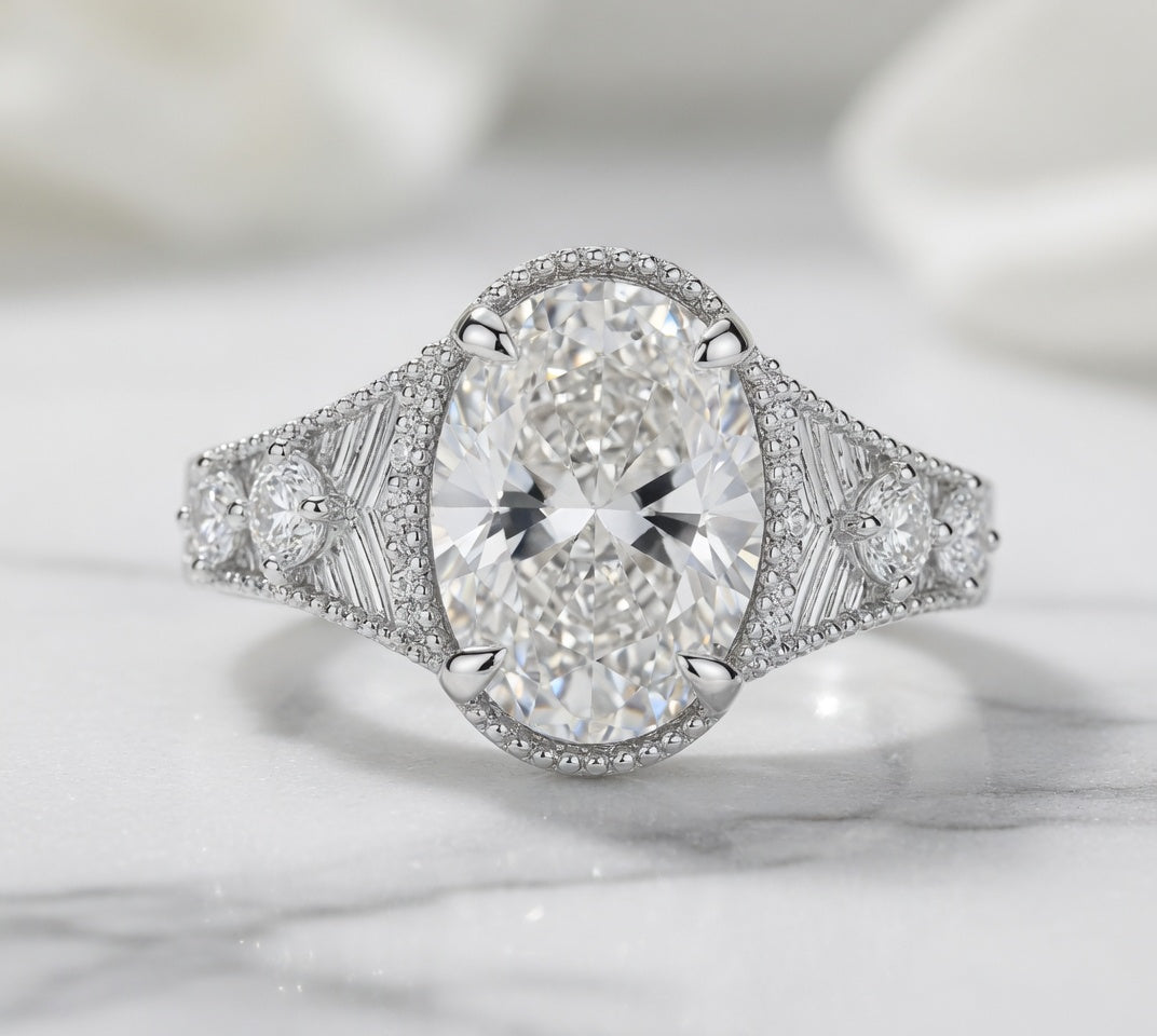3.00 CT Art Deco Inspired Oval Cut Lab-Grown Diamond Engagement Ring in 14K White Gold – Antique Hand-Engraved Filigree Design