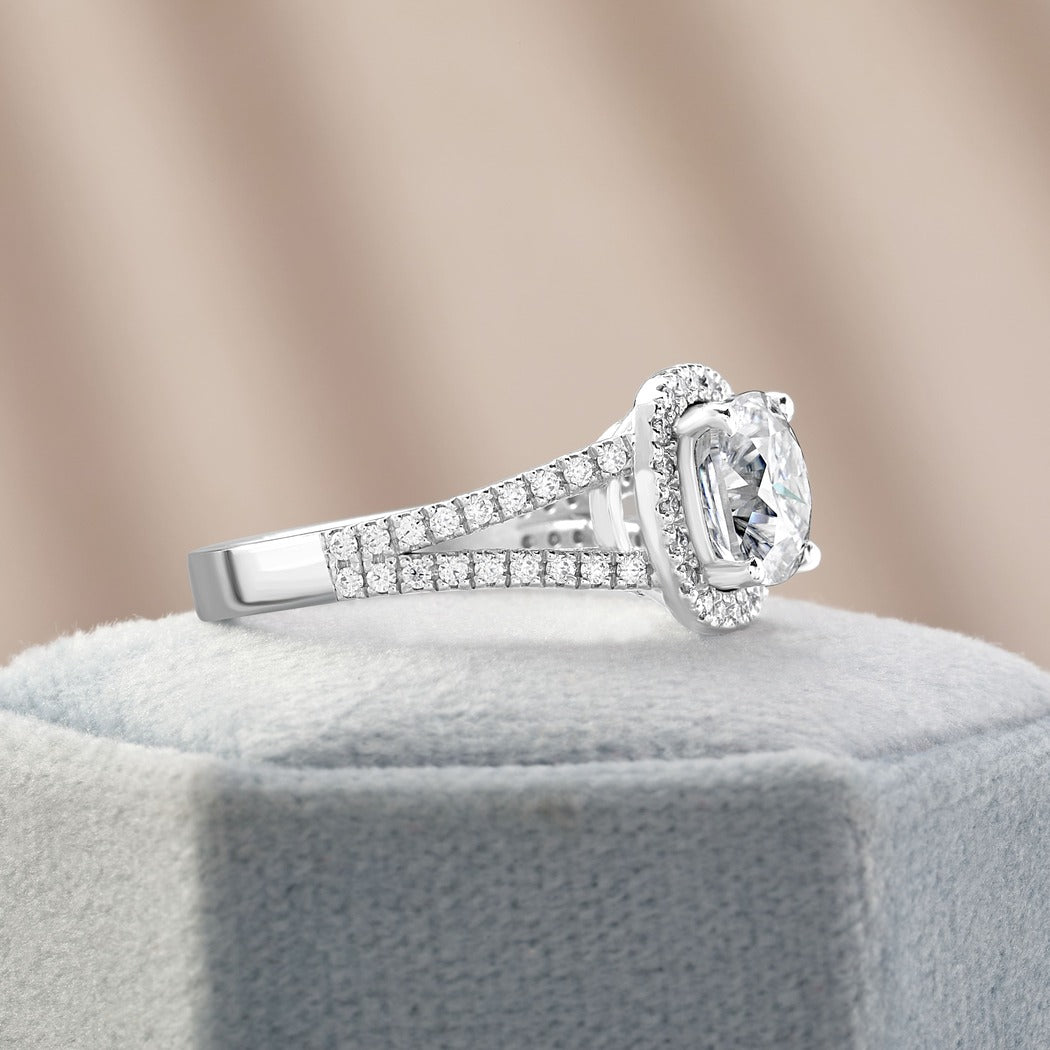 Sarah 1.41 ct Lab Grown Cushion Cut Split Shank Pave Diamond Engagement Ring