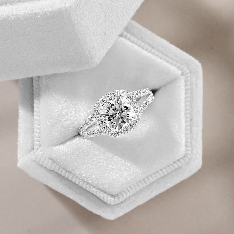 Sarah 2.41 ct Lab Grown Cushion Cut Split Shank Pave Diamond Engagement Ring