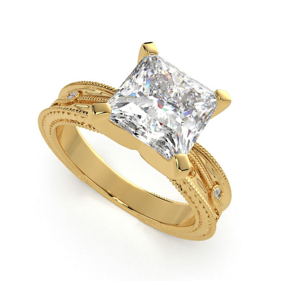 Sabrina 3 Carat Princess Cut Solitaire Hand Engraved Milgrain Engagement Ring