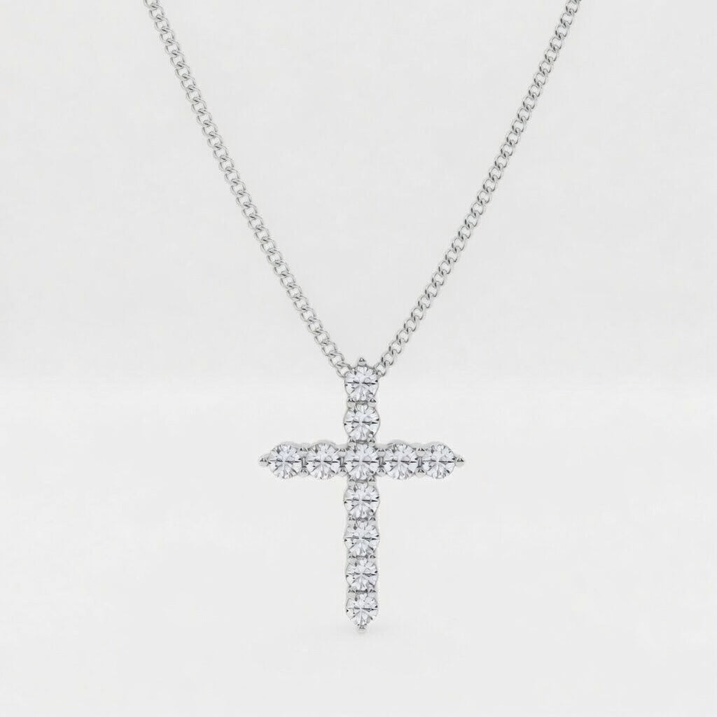 3.00 Carat Round Cut Lab-Grown Diamond Cross Pendant VS1 D-F 14K White Gold with Adjustable Chain