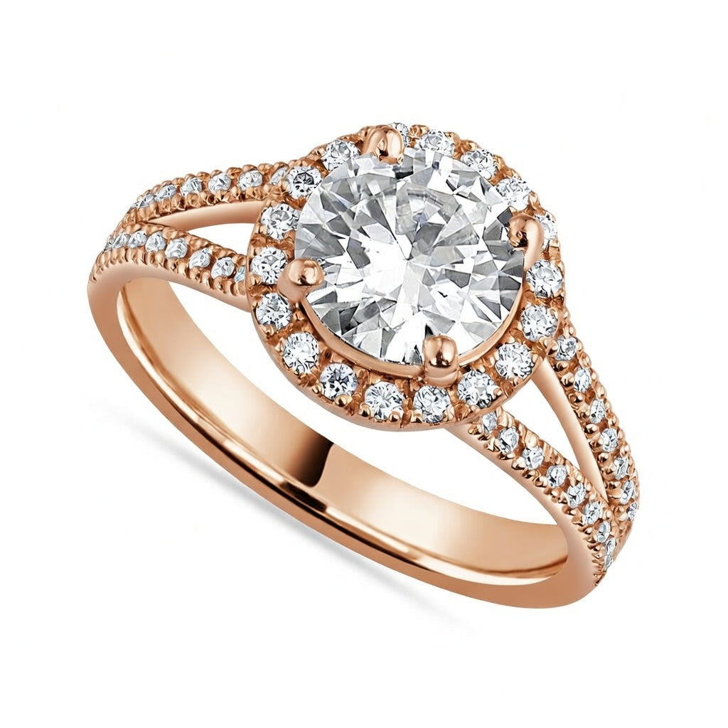 Maja 2.45 ct Lab Grown Round Cut Halo Split Shank Diamond Engagement Ring