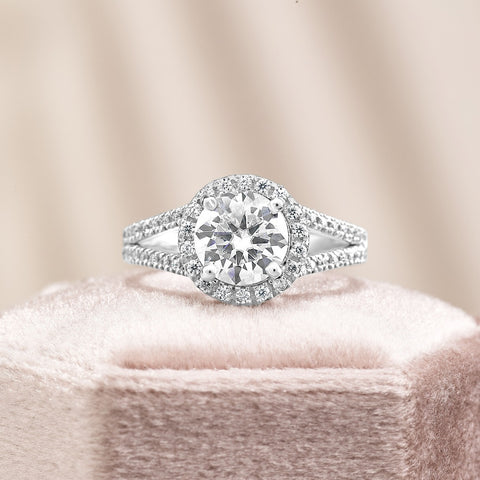 Maja 3.45 ct Lab Grown Round Cut Halo Split Shank Diamond Engagement Ring