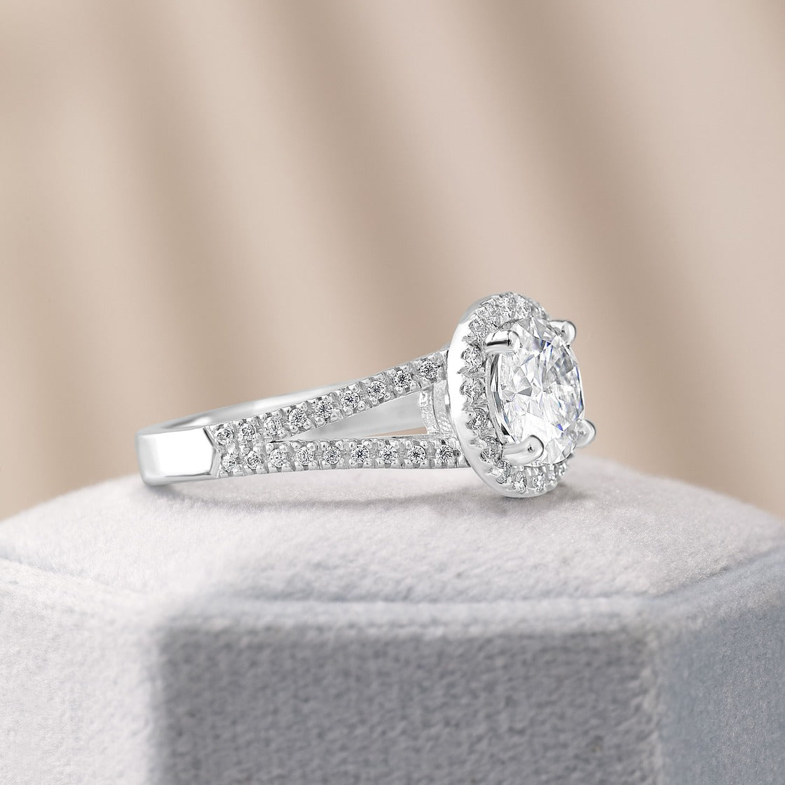 Maja 2.45 ct Lab Grown Round Cut Halo Split Shank Diamond Engagement Ring