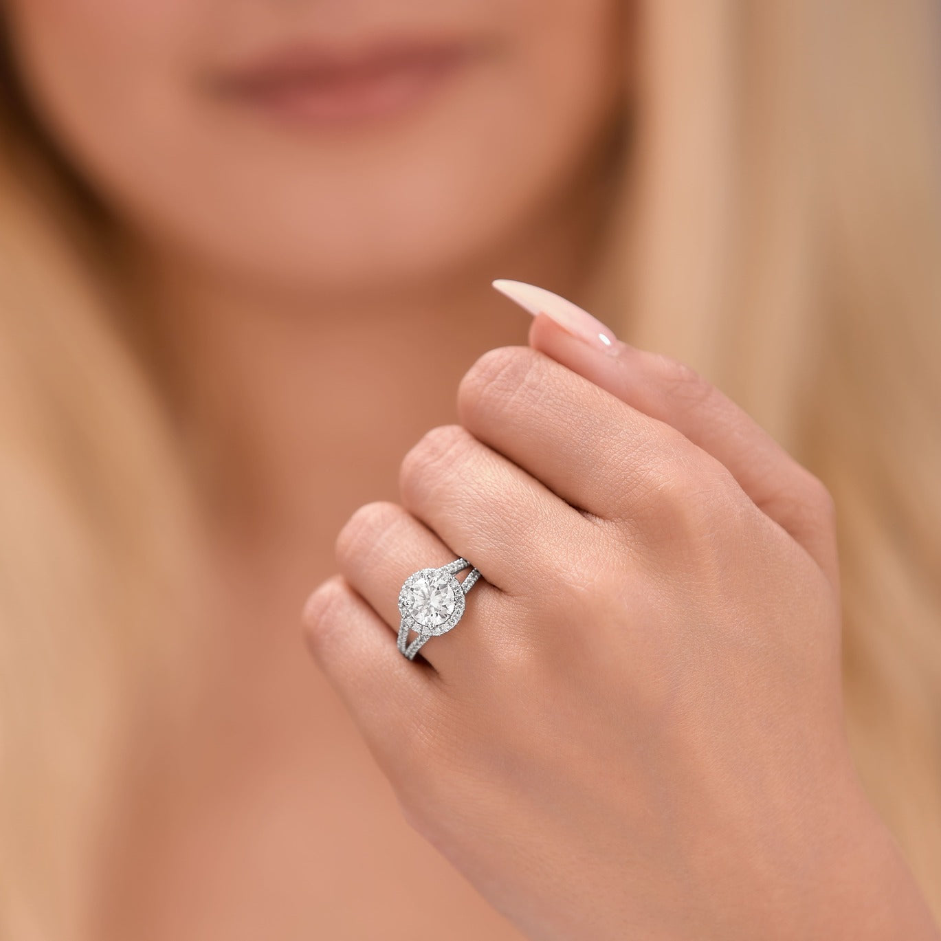Maja 2.45 ct Lab Grown Round Cut Halo Split Shank Diamond Engagement Ring