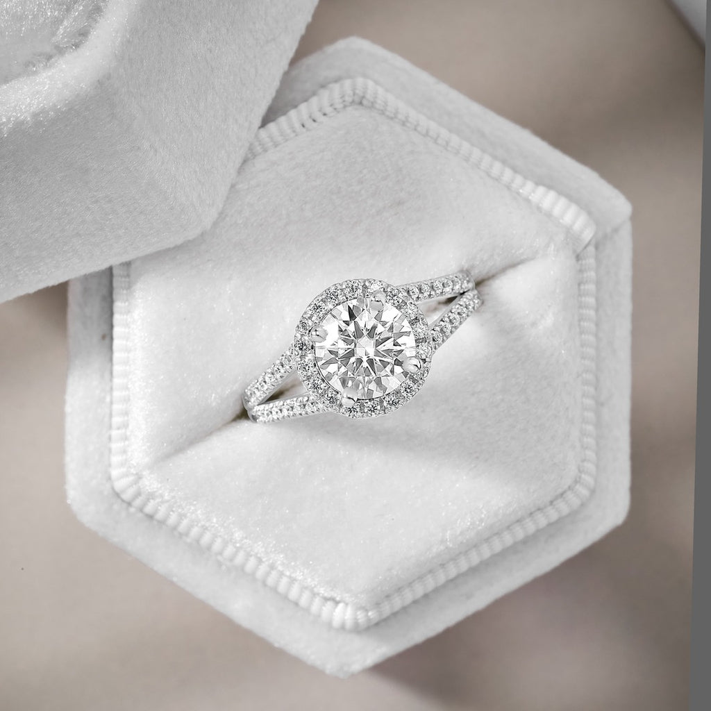 Maja 1.45 ct Lab Grown Round Cut Halo Split Shank Diamond Engagement Ring