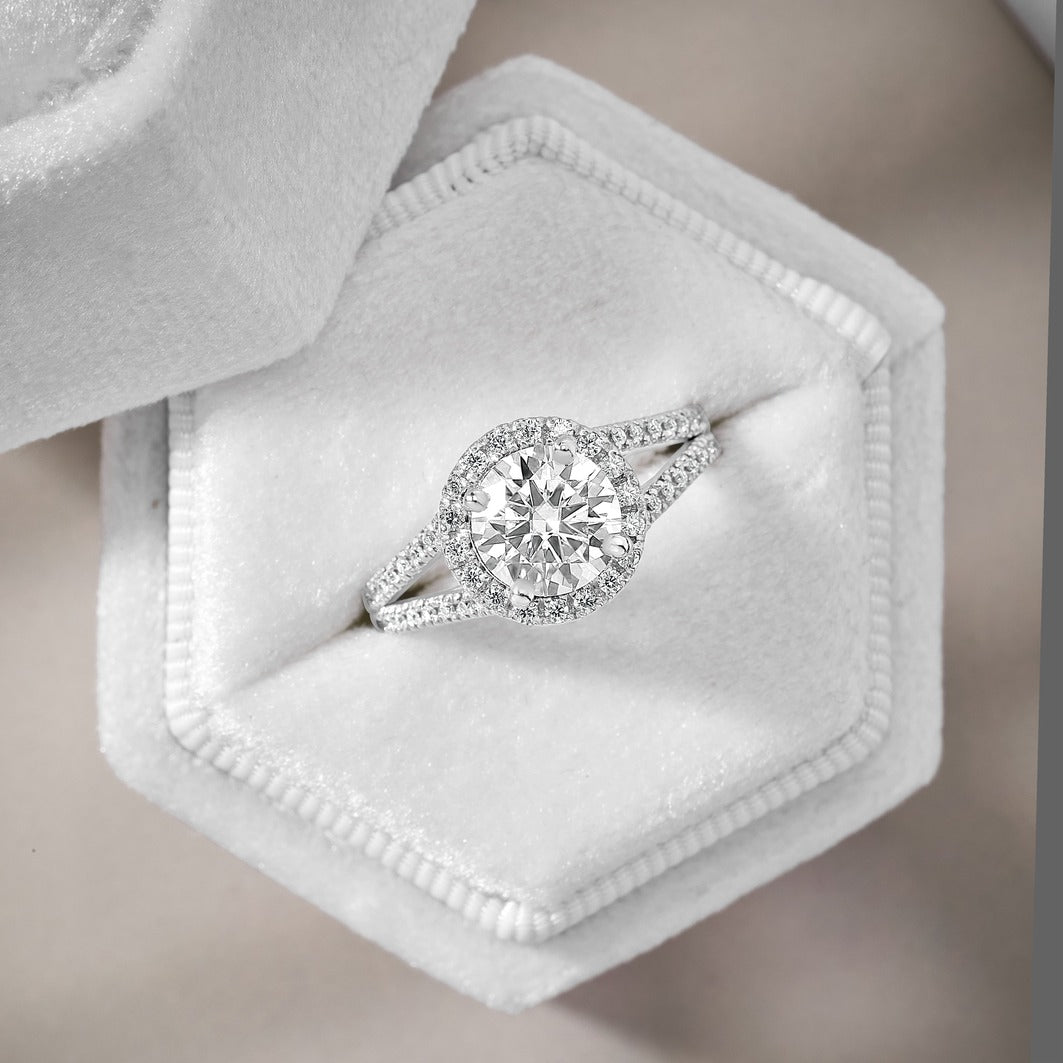 Maja 1.45 ct Lab Grown Round Cut Halo Split Shank Diamond Engagement Ring