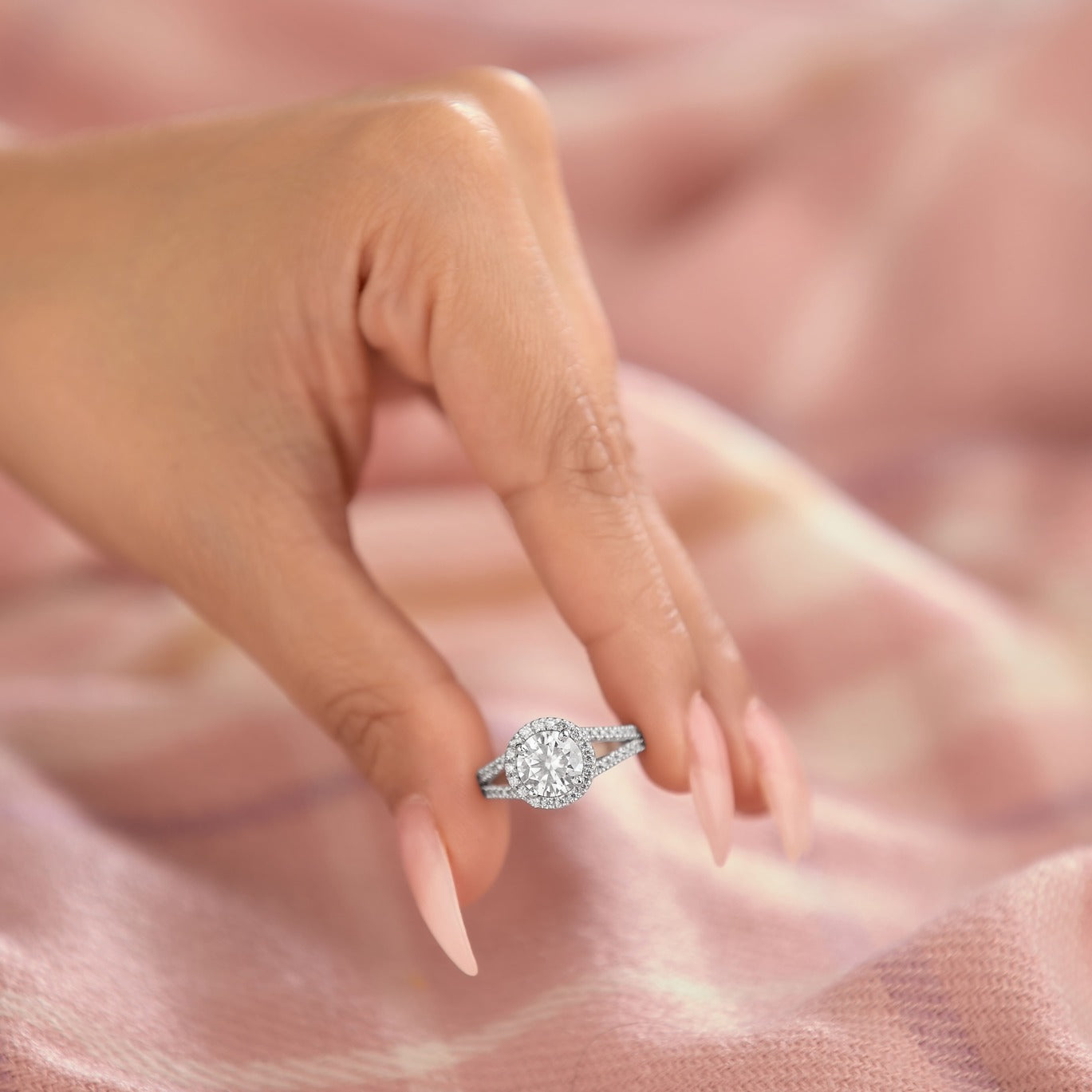 Maja 2.45 ct Lab Grown Round Cut Halo Split Shank Diamond Engagement Ring