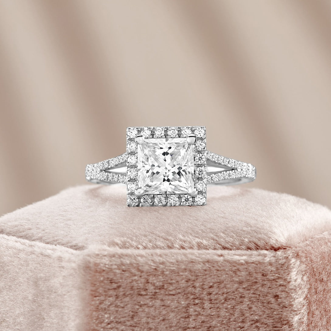Livia 1.95 ct Lab Grown Princess Cut Split Shank Halo Diamond Engagement Ring.