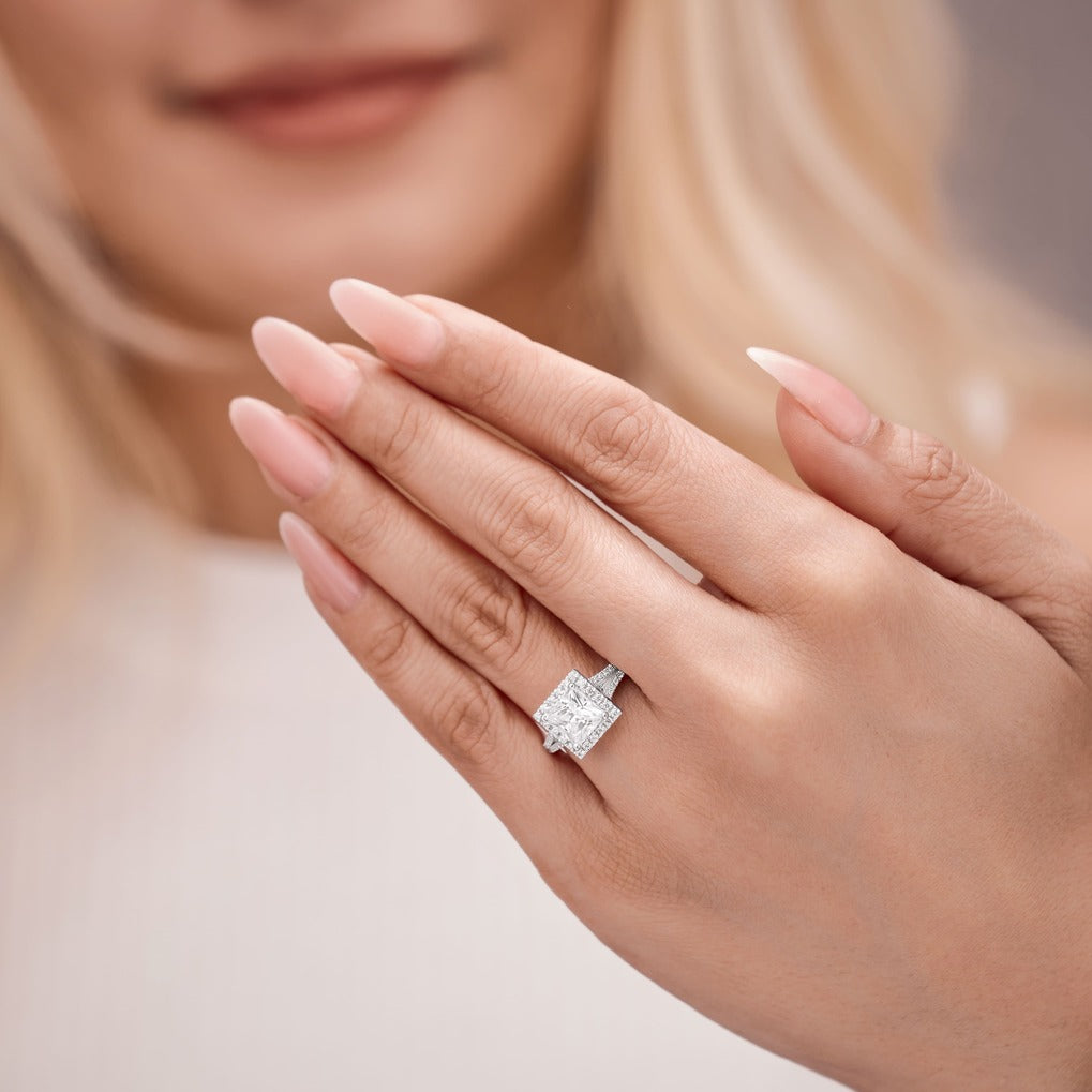 Livia 2.95 ct Lab Grown Princess Cut Split Shank Halo Diamond Engagement Ring.