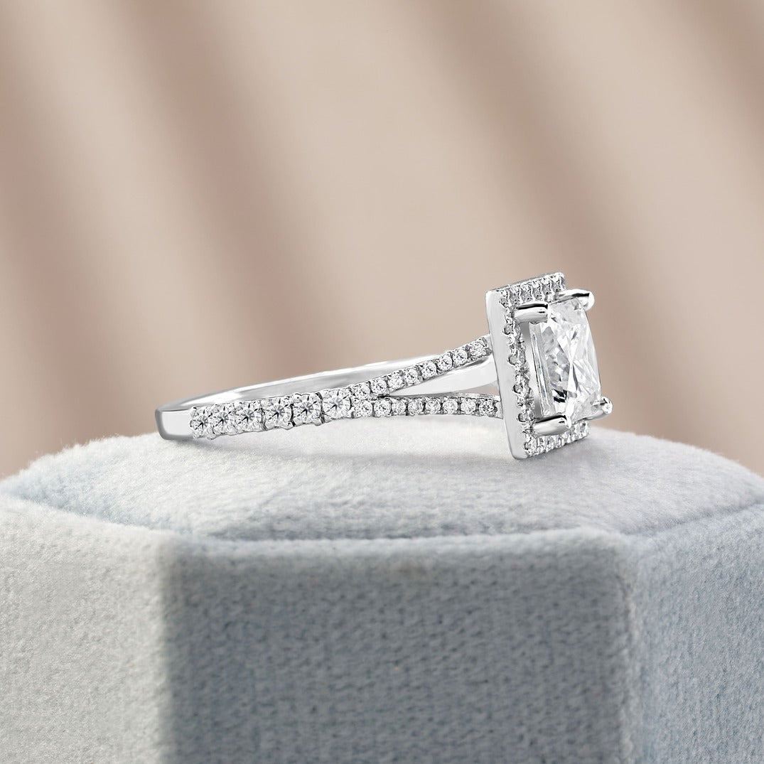 Livia 3.45 ct Lab Grown Princess Cut Split Shank Halo Diamond Engagement Ring.