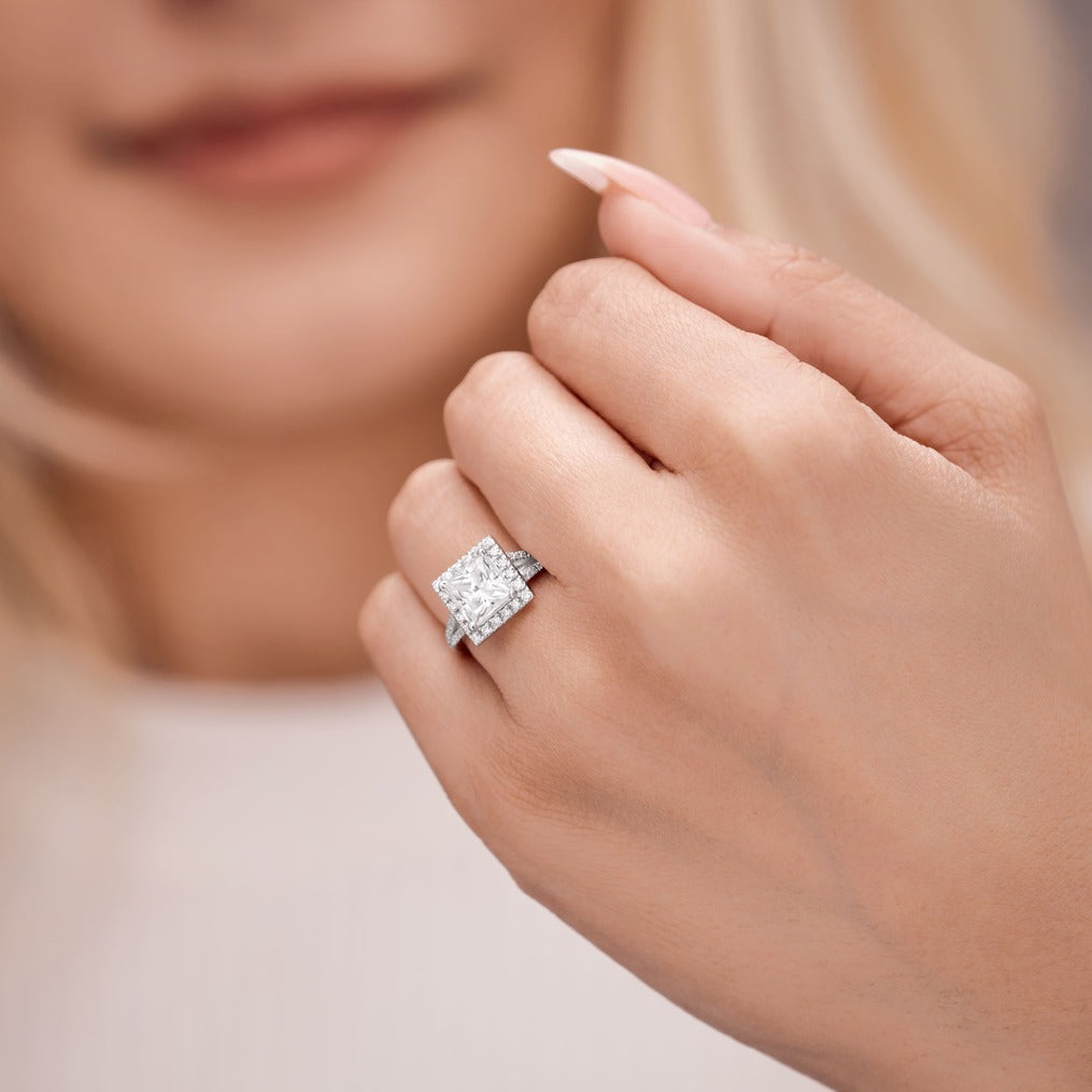 Livia 1.95 ct Lab Grown Princess Cut Split Shank Halo Diamond Engagement Ring.
