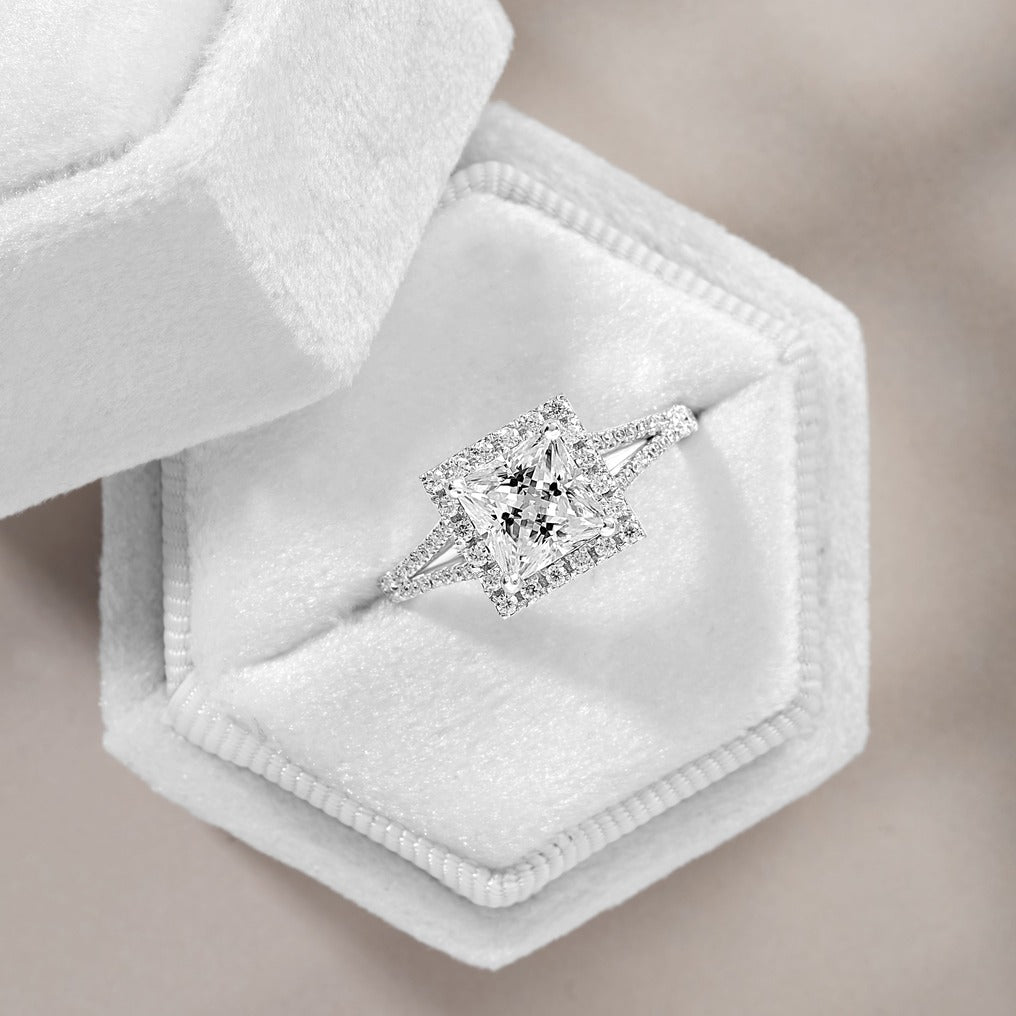 Livia 2.95 ct Lab Grown Princess Cut Split Shank Halo Diamond Engagement Ring.