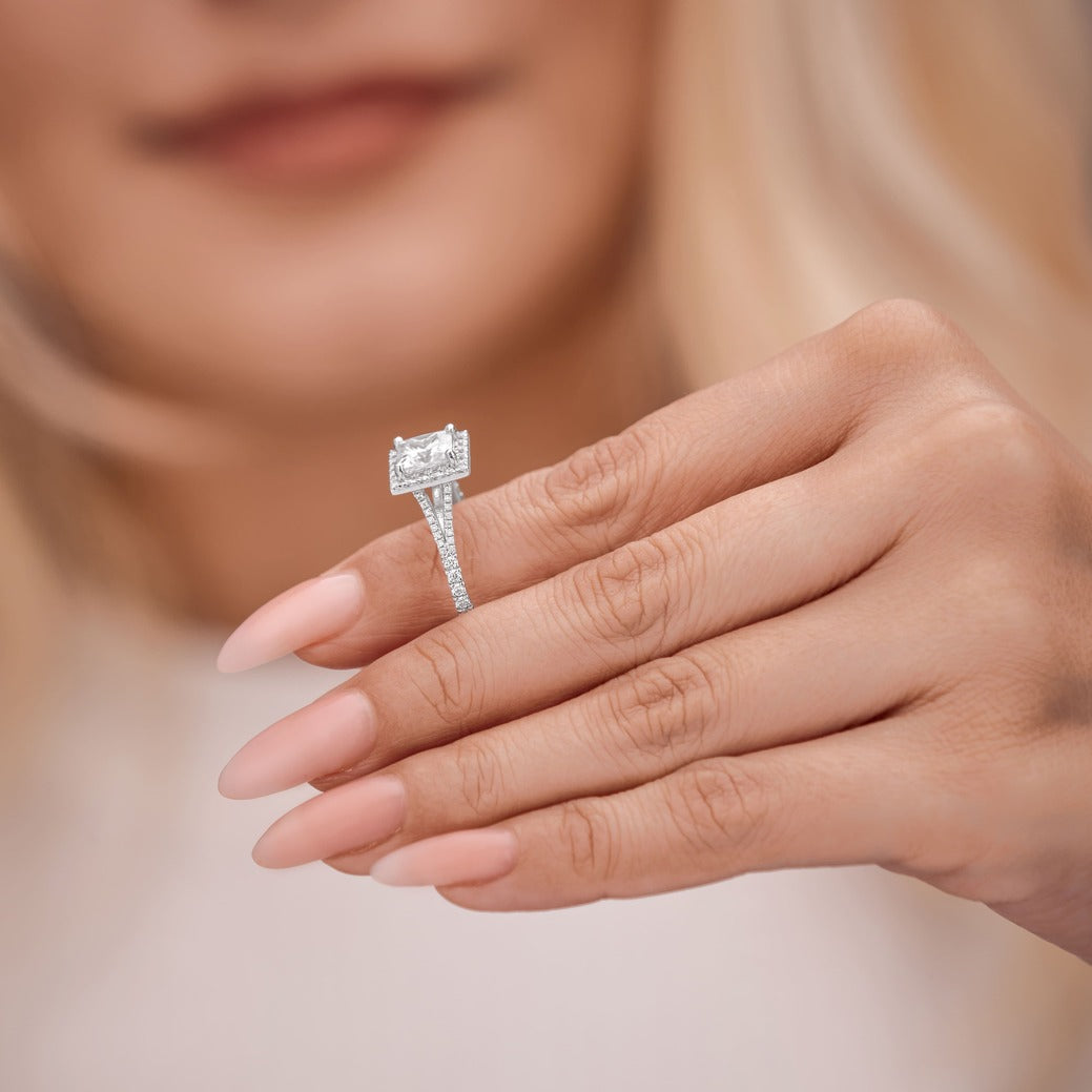 Livia 1.45 ct Lab Grown Princess Cut Split Shank Halo Diamond Engagement Ring.