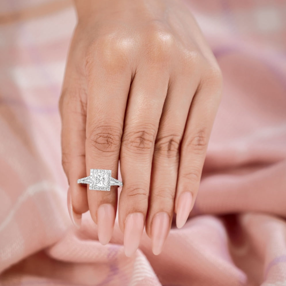 Livia 3.45 ct Lab Grown Princess Cut Split Shank Halo Diamond Engagement Ring.