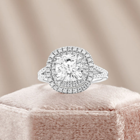 Livia 2.36 ct Lab Grown Round Cut Double Halo Pave Diamond Engagement Ring.