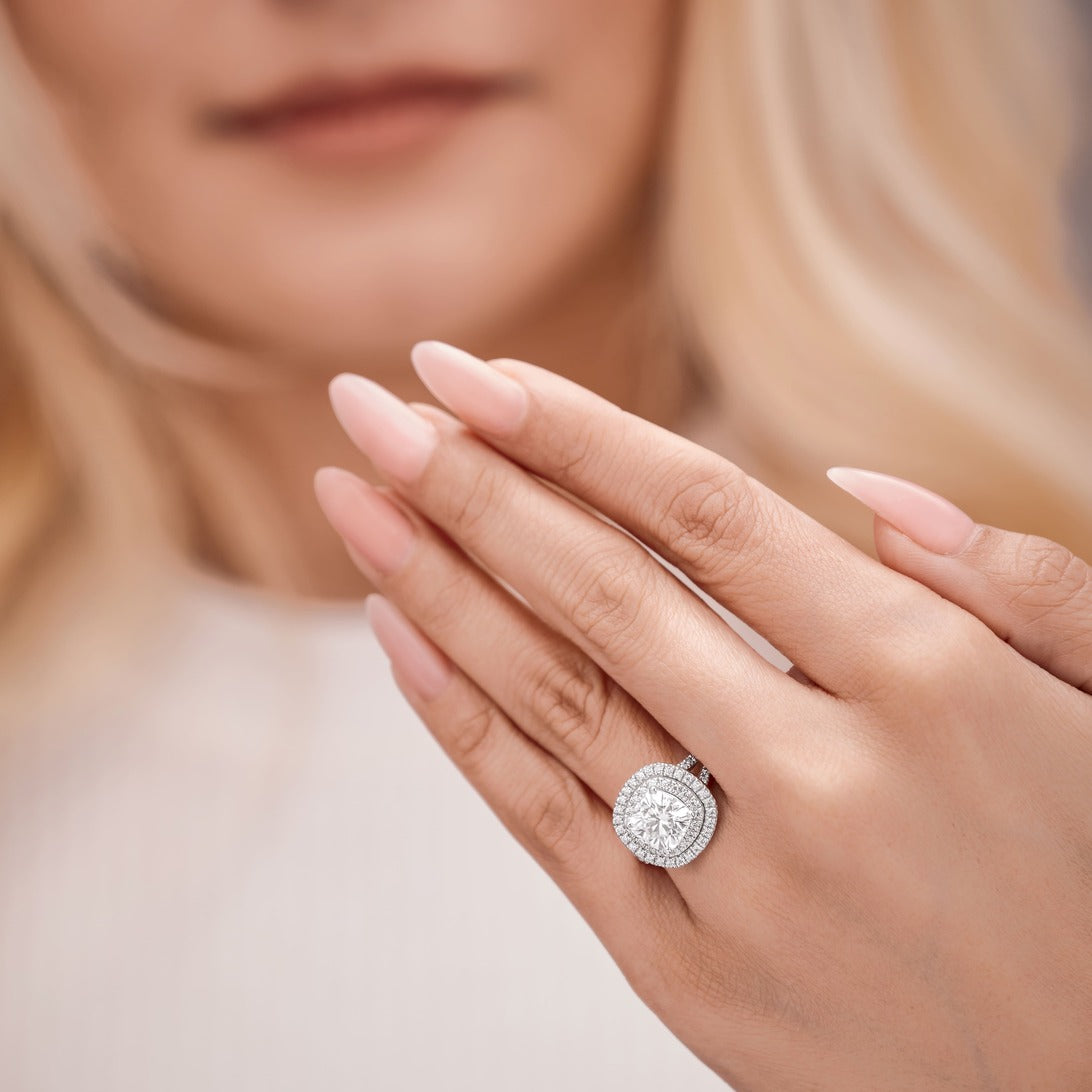 Livia 2.36 ct Lab Grown Round Cut Double Halo Pave Diamond Engagement Ring.