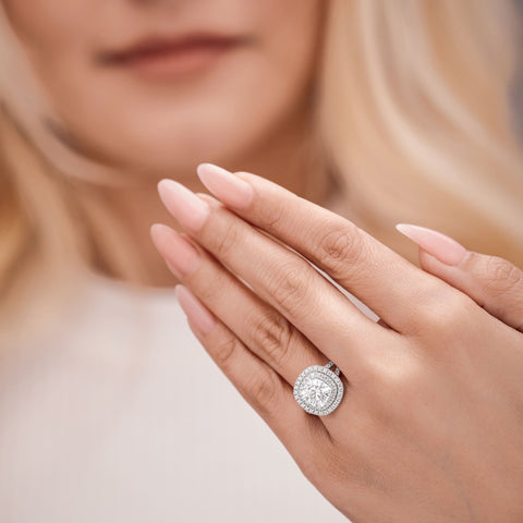 Livia 2.36 ct Lab Grown Round Cut Double Halo Pave Diamond Engagement Ring.