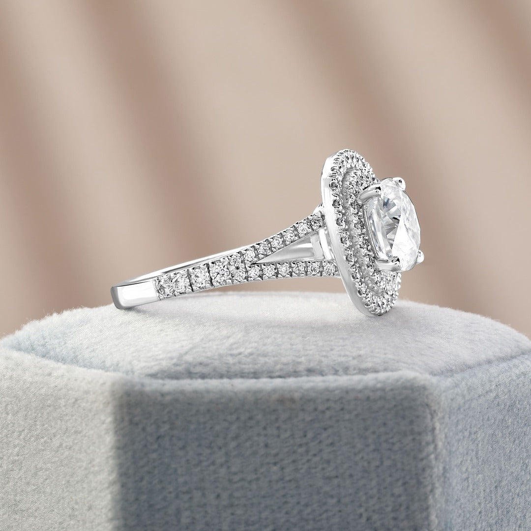 Amelie 2.36 ct Lab Grown Round Cut Double Halo Pave Diamond Engagement Ring.
