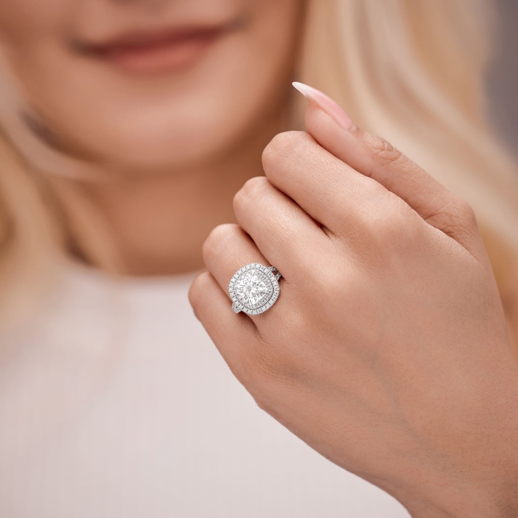 Amelie 2.36 ct Lab Grown Round Cut Double Halo Pave Diamond Engagement Ring.