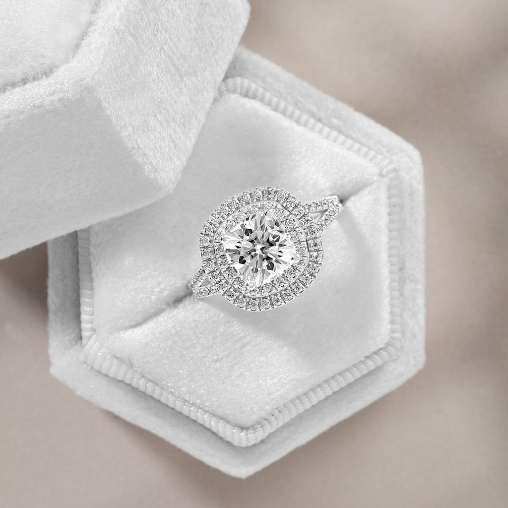 Livia 1.86 ct Lab Grown Round Cut Double Halo Pave Diamond Engagement Ring.