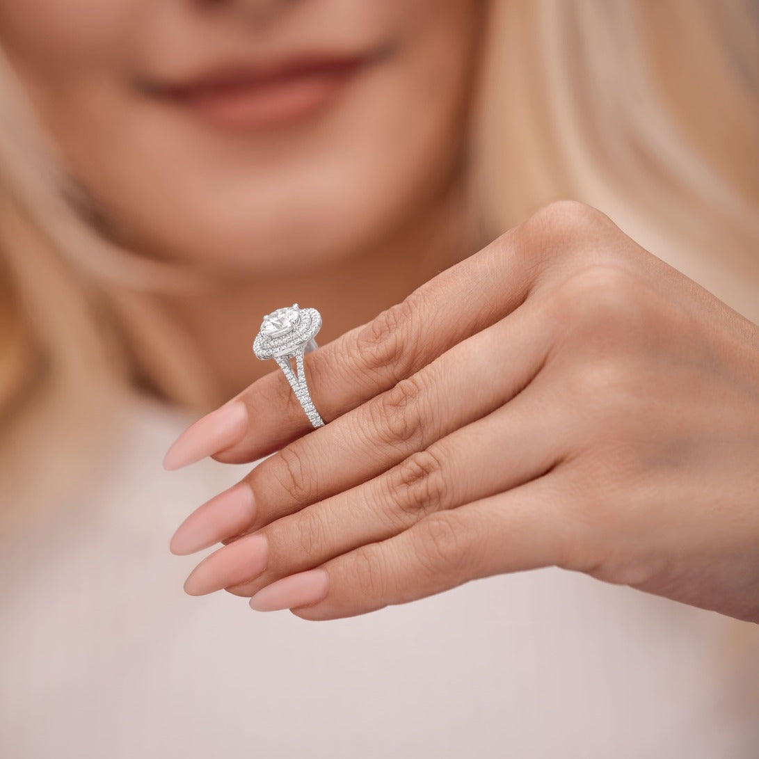 Livia 1.86 ct Lab Grown Round Cut Double Halo Pave Diamond Engagement Ring.