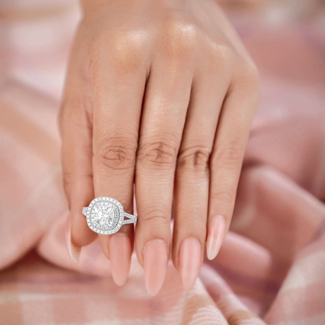 Livia 2.36 ct Lab Grown Round Cut Double Halo Pave Diamond Engagement Ring.