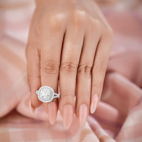 Livia 2.36 ct Lab Grown Round Cut Double Halo Pave Diamond Engagement Ring.