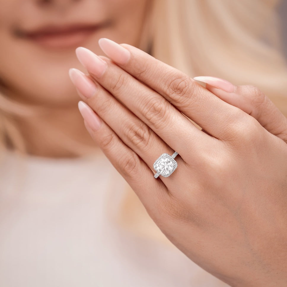 Amelie 2.7 ct Lab Grown Round Cut Pave Halo Diamond Engagement Ring.