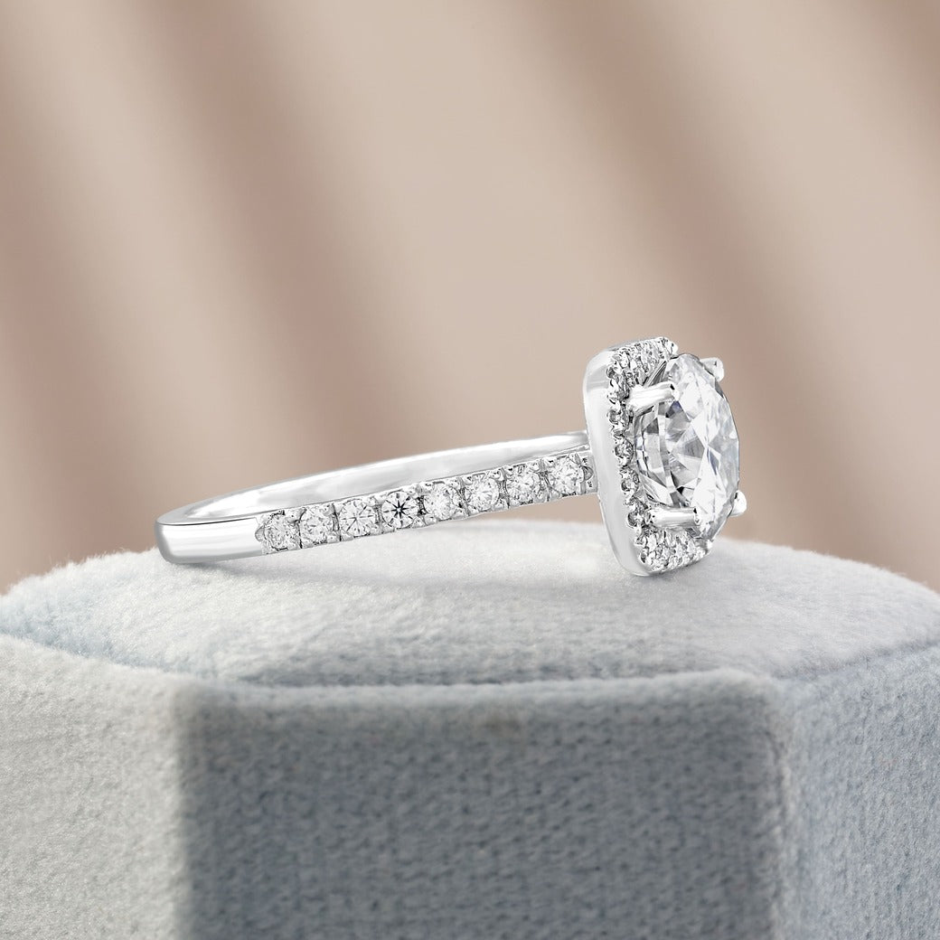 Amelie 1.7 ct Lab Grown Round Cut Pave Halo Diamond Engagement Ring.