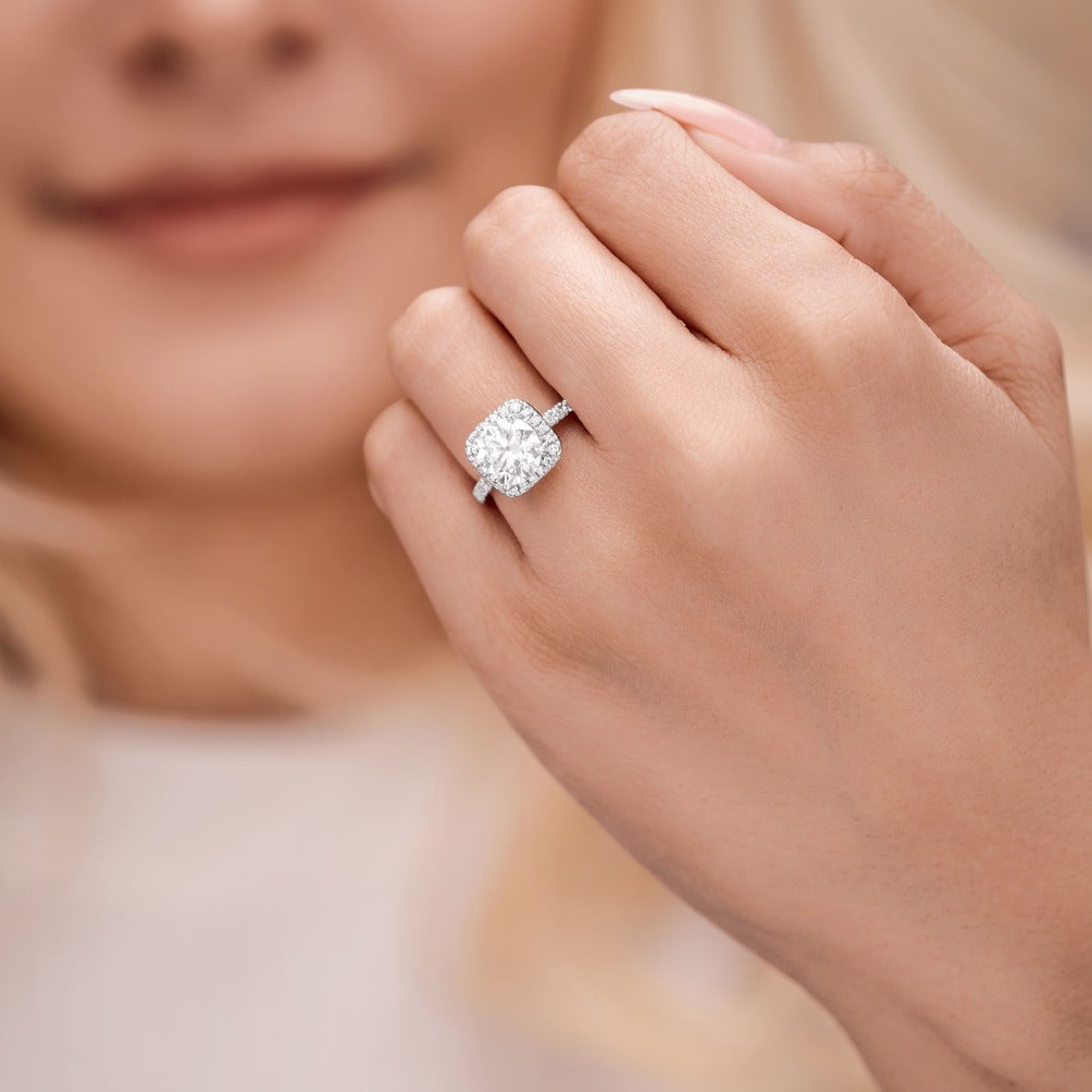Amelie 1.7 ct Lab Grown Round Cut Pave Halo Diamond Engagement Ring.