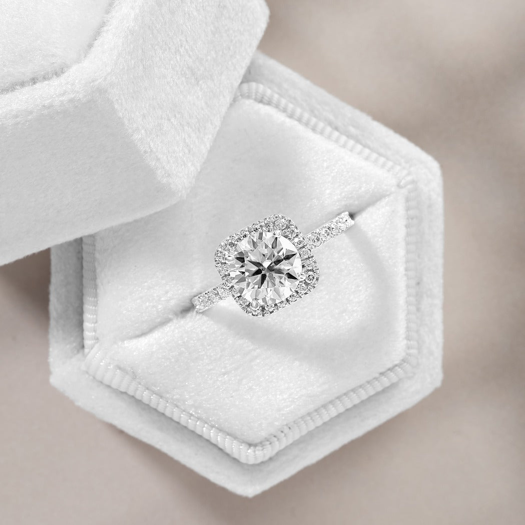 Amelie 2.7 ct Lab Grown Round Cut Pave Halo Diamond Engagement Ring.