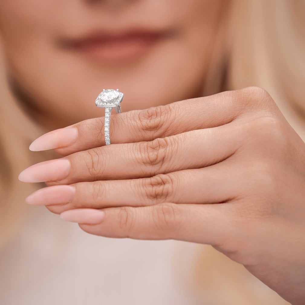 Amelie 2.7 ct Lab Grown Round Cut Pave Halo Diamond Engagement Ring.