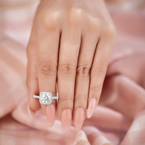 Amelie 3.2 ct Lab Grown Round Cut Pave Halo Diamond Engagement Ring.