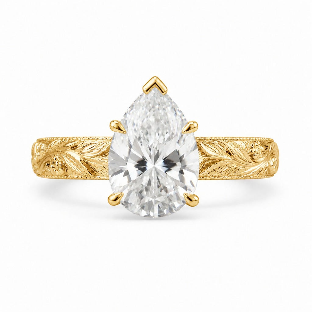 2.00 CT Vintage Inspired Pear Cut Lab-Grown Diamond Engagement Ring in 14K White Gold – Hand-Engraved Floral Art Deco Design