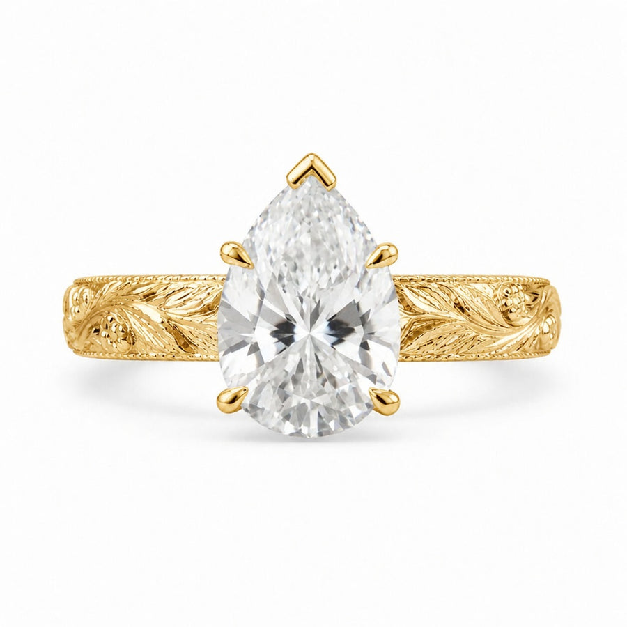 2.00 CT Vintage Inspired Pear Cut Lab-Grown Diamond Engagement Ring in 14K White Gold – Hand-Engraved Floral Art Deco Design